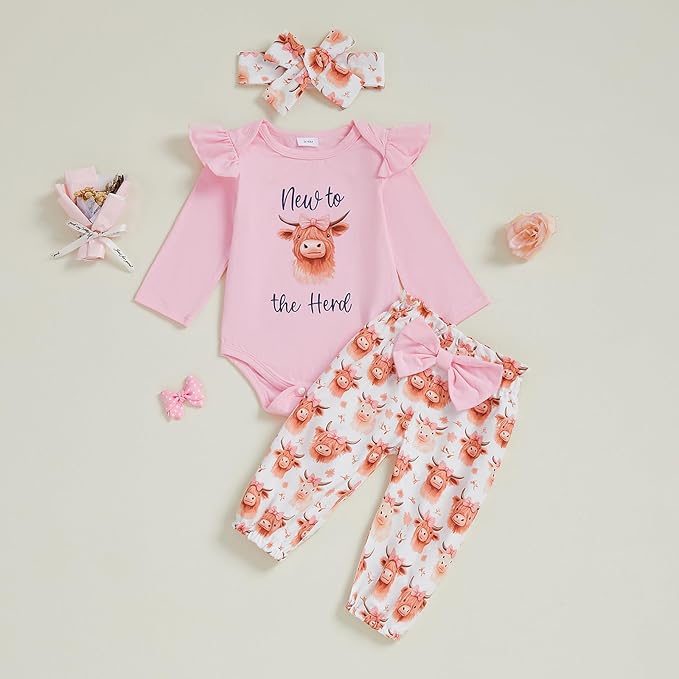 Fernvia Western Newborn Baby Girl Clothes Long Sleeve Letter Print Romper Animal Print Pants Headband 3Pcs Outfits Sets