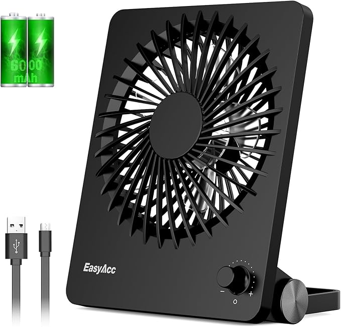 EasyAcc Powerful Desk Fan, 6000 Battery [Max 10-26H Working Time] Rechargeable Portable Personal Travel Fan with Step-less Speed Control, Quiet Fan for Travel Office Home Cruise Sporting Events