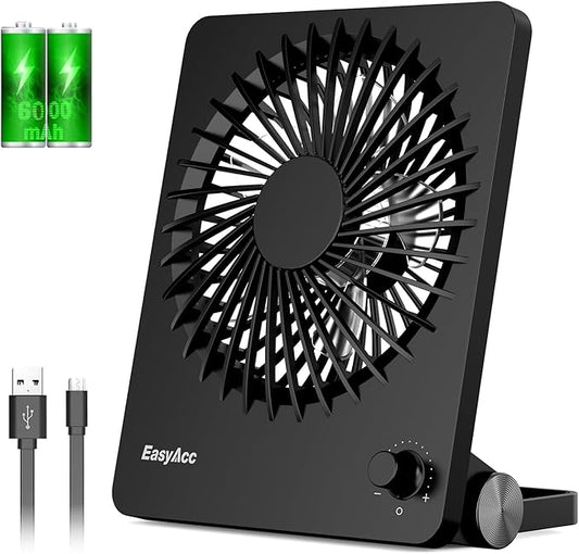 EasyAcc Powerful Desk Fan, 6000 Battery [Max 10-26H Working Time] Rechargeable Portable Personal Travel Fan with Step-less Speed Control, Quiet Fan for Travel Office Home Cruise Sporting Events