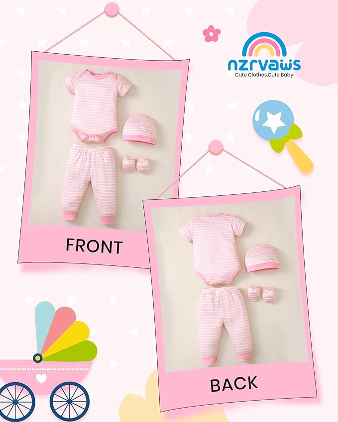 NZRVAWS Newborn Baby Boy Girl Clothes Unisex Infant Romper Pants Set Hat 4-Pack Outfits 0-12 Months 16 Pieces Toddler