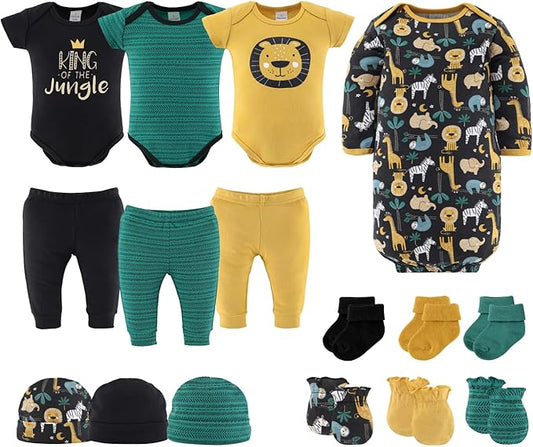 The Peanutshell Baby Layette Gift Set for Baby Boys - 16 Piece Boy Baby Clothes Newborn to 9 Months - King of the Jungle