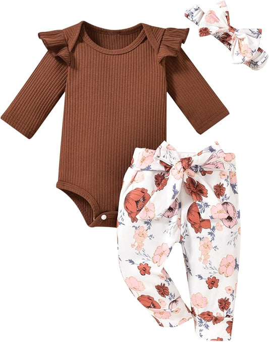 Aalizzwell Preemie Newborn Infant Baby Girls Clothes Ribbed Romper Bodysuit Pants Set Fall Winter Outfits