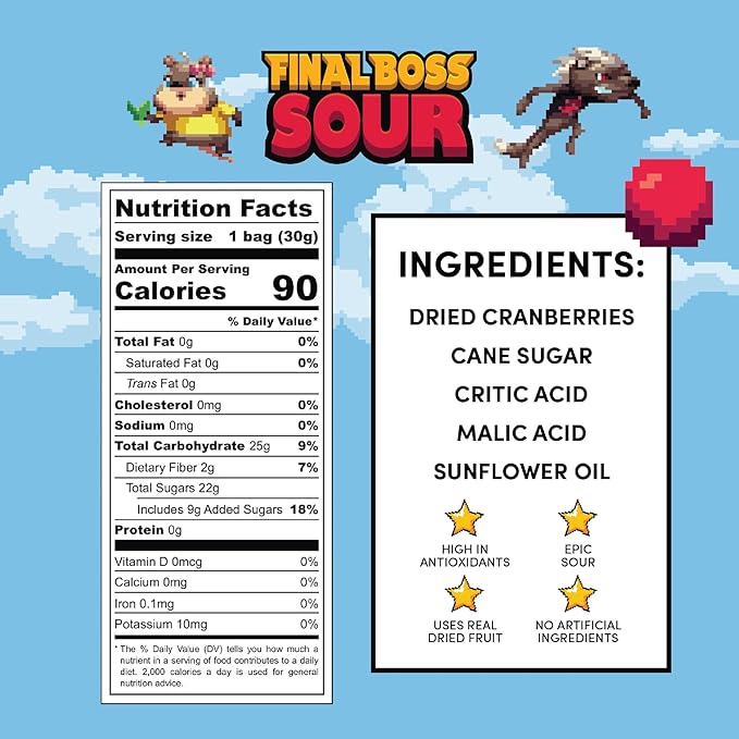 Final Boss Sour Candy, Sour Cranberries, 10 Pack, Level 1, Fruit Chews with Real Dried Fruit, No Artificial Colors or Flavors, Low Calorie Snack for Kids, Teens, Adults, Lunch Boxes & On The Go