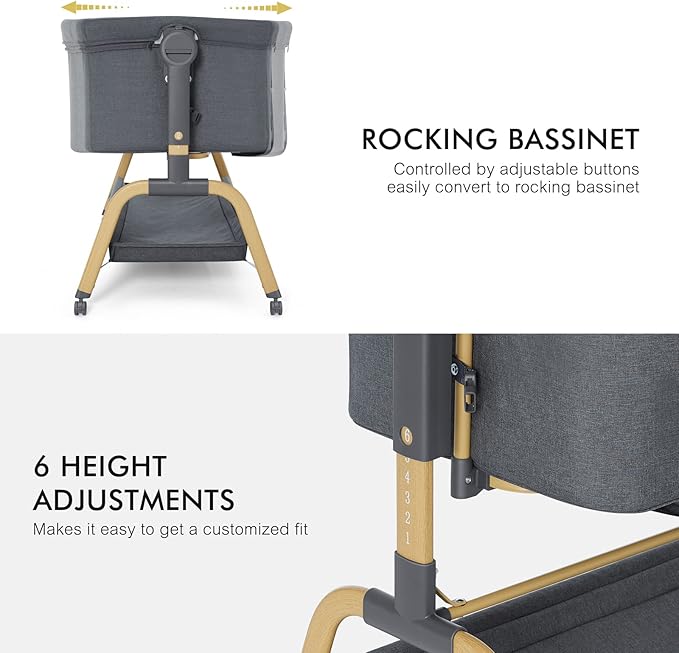 ANGELBLISS 3 in 1 Baby Bassinet, Rocking Bassinets Bedside Sleeper with Comfy Mattress and Wheels, 6 Height Adjustable Easy Folding Portable Bedside Crib for Newborn Infant (Dark Grey)