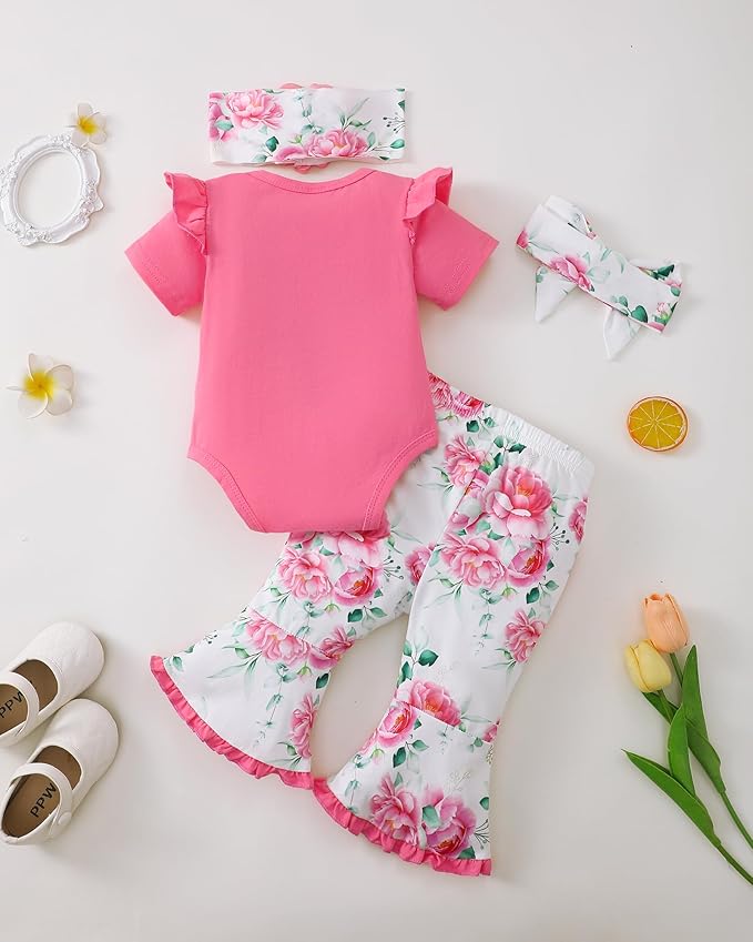SUNNY PIGGY Newborn Baby Girl Clothes Infant Outfits Romper Floral Fall Outfit Bell Bottoms Pant Sets Hat Headband Flowerpant
