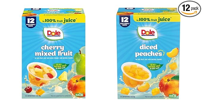 Dole Fruit Bowls Cherry Mixed Fruit in 100% Juice 4oz (12 Cups) & Dole Fruit Bowls Diced Peaches in 100% Juice, 4 Ounce (12 Cups), Back To School Healthy Snack