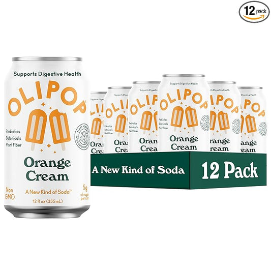 OLIPOP Prebiotic Soda Pop, Orange Cream, A New Kind of Soda Packed with Prebiotics, Fiber, and Botanicals, Gluten Free, Vegan, GMO Free, 12oz (12-Cans)
