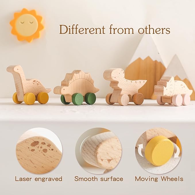 Wooden Dinosaur Cars Montessori Toys for Babies Baby Push Car Toys Wooden Toy Vehicles Development and Infant Grasping Montessori Toys(3PCS)