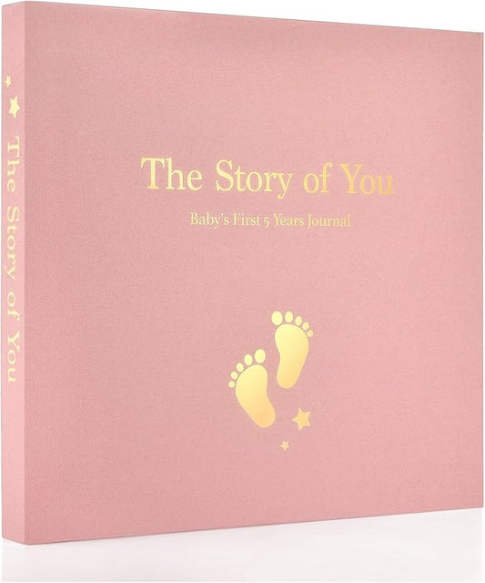 Baby Memory Book First 5 Year Boy or Girl Keepsake Journal Photo Albums Scrapbook, Gifts for Baby Shower First Time Mom New Parents (Footprint - Pink)