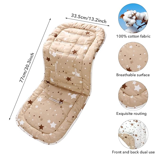 Baby Stroller Cushion,Infant Car Seat Insert-Reversible Universal Breathable and Soft Newborn Stroller Mat, 100% Cotton Cover Toddler Seat Pad Liner-34x78cm,1 Pack（White + Brown Stars）