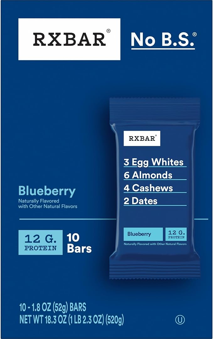 RXBAR Protein Bars, Protein Snack, Snack Bars, Blueberry, 18.3oz Box (10 Bars)