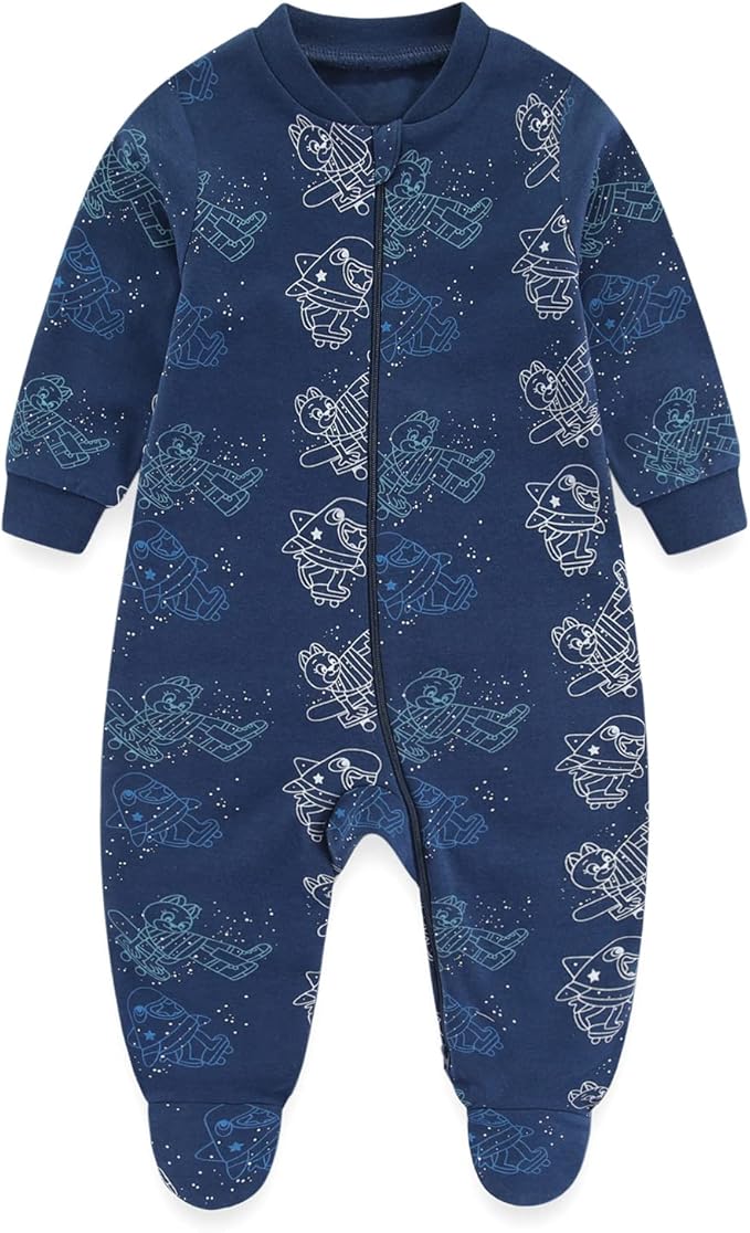 Baby Boys Girls Footies One-Piece Romper Long-Sleeve Jumsuit Cotton Newborn Clothes Set 4-Pack, Baby Pajamas