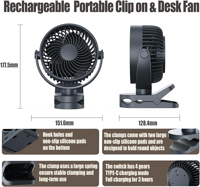 Personal Clip on Fan 2000mAh Battery Operated, Type-C 4 Speed Max 8.5 Hrs 360° adjustment Clip fan, Small Portable Fan for Office, Bedroom, Desk, dormitory, Camping, Stroller, Golf Cart - Dark Blue