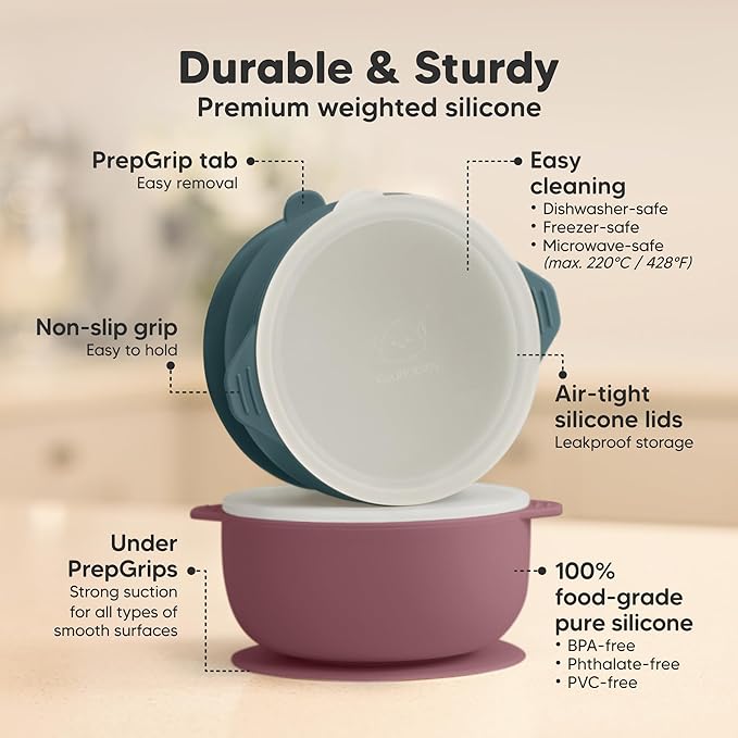 KeaBabies 2-Pack Baby Bowls with Suctions, Lids - Silicone Toddler Suction Bowls for Baby Boy, Girl, Kids, Dog, Food Grade Silicone, BPA-Free, Dishwasher Safe, Toddler Eating Essentials (Rocky)