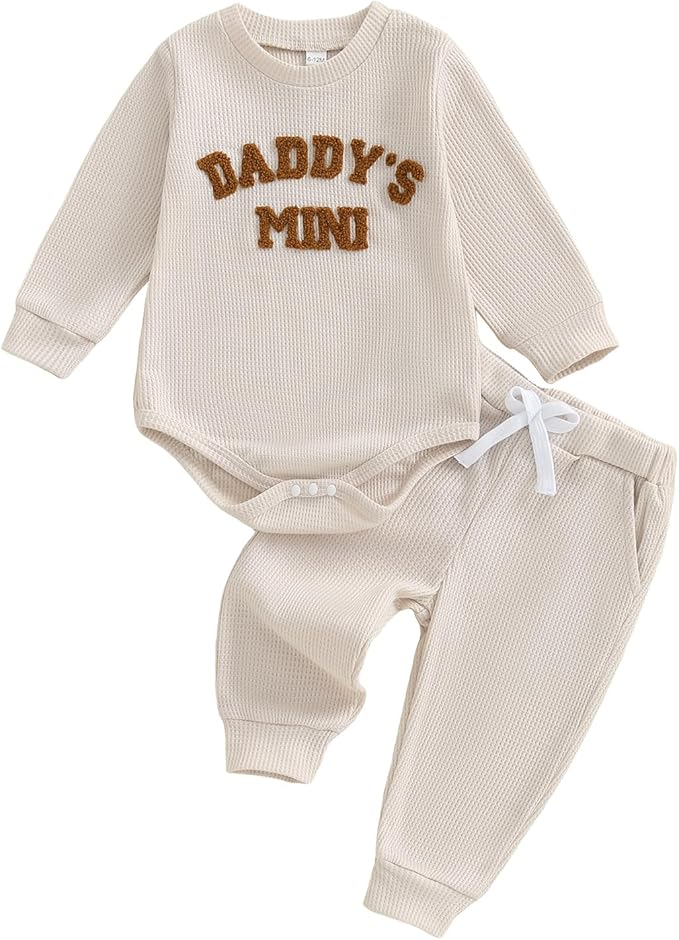 Kupretty Baby Boy Clothes 3 6 12 18 Months Fall Winter Outfit Mama's Boy Embroidery Waffle Long Sleeve Romper Pants Set
