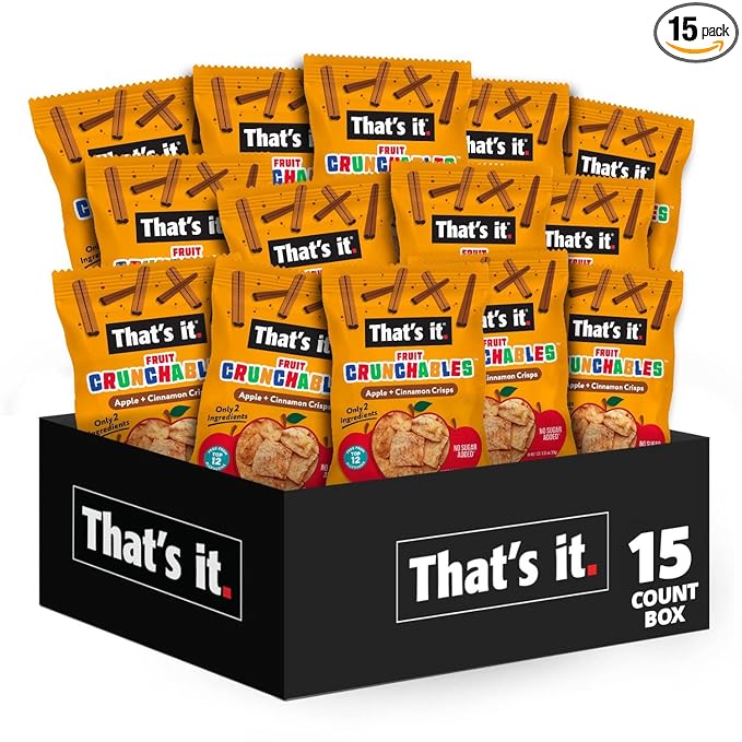That’s it. Fruit Crunchables Apple + Cinnamon Crisps, 15-Pack – 100% Plant-Based Fruit Snacks for Kids, Non-GMO, Gluten-Free, No Added Sugar, Allergen-Free, Healthy Lunchbox Snack for Kids & Adults