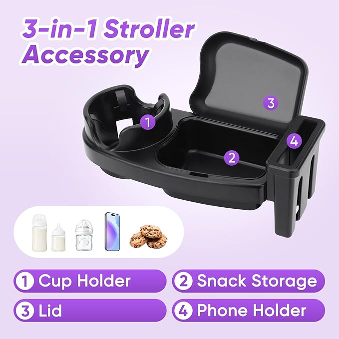 Universal Stroller Snack Tray, 3 in 1 Stroller Cup Holder with Phone Holder and Silicone Flexible Arms Grip, Stroller Tray Attachment Compatible with Uppababy, Baby Jogger, Britax (Snack Tray)