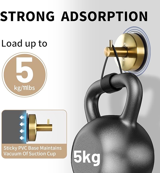 JOMOLA Suction Cup Shower Hooks for Hanging Towel Suction Hook for Inside Shower Stainless Steel Coat Hooks Wall Mounted Kitchen Utensil Stainless Steel, Brushed Gold, 4PCS