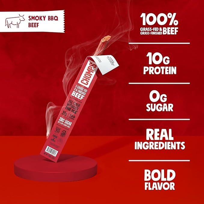Chomps Grass-Fed and Finished Smoky BBQ Seasoned Beef Jerky Snack Sticks 24-Pack - Keto, Paleo, Whole30, 10g Lean Meat Protein, Gluten-Free, Zero Sugar Food, Non-GMO