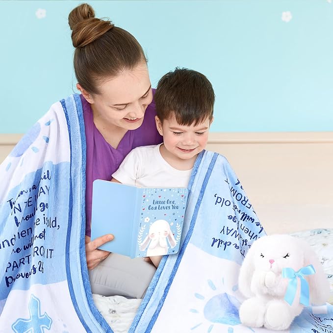 Baptism Gifts for Boy, Christening Gift Set for Baby Boys, Baby Dedication Gift, Includes Bunny Stuffed Animal, First Rosary Beads, Prayer Book, Keepsake Blanket, Catholic Baptism Gift Basket