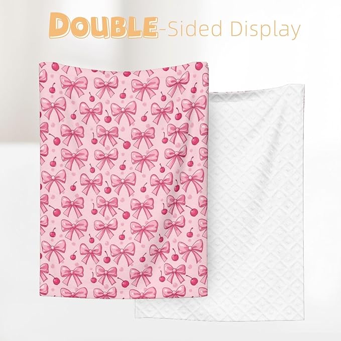 Baby Blanket Pink Bows Cherry for Boy Girl Newborn 30x40 Inch Toddler Infant Nursery Throw Blankets Double Layer Comfy Soft Plush Stroller Crib Quilt