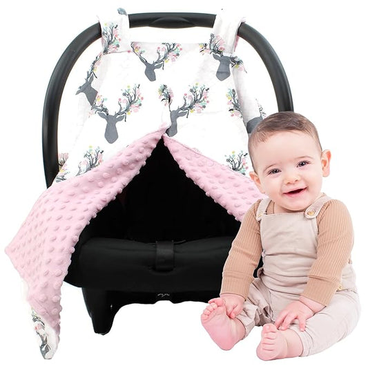Dear Baby Gear - 40x30 Car Seat Canopy, Infant Carrier Cover for Boys & Girls, Cozy Fall, Nursing & Stroller Use, Newborn Travel Sunshade Accessory, Antler & Flower, Pink Dot
