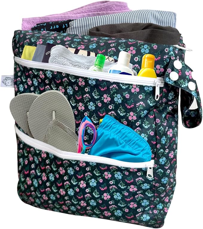 FLOCK THREE 3D Waterproof and Washable Wet Bag Luggage Organiser for Travel storage Stroller Daycare Baby Diapers Yoga Beach Pool Swimsuits Luggage Packing for Travel Accessories (Flower02)