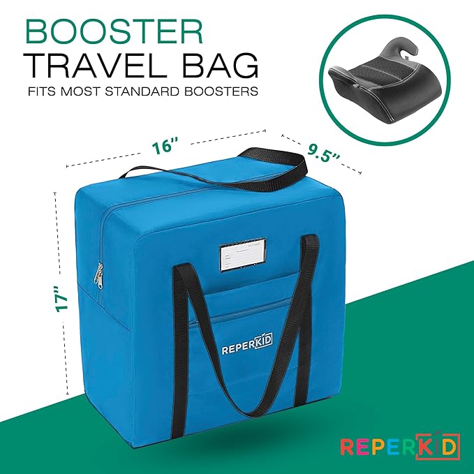 Reperkid Booster Seat Travel Bag for Airplane, Blue, 17" H x 16.5" W x 9.5" D, Compatible with Gb Pockit Stroller and Most Boosters– Premium Waterproof Cover, Hand Bag Design, Durable Zipper