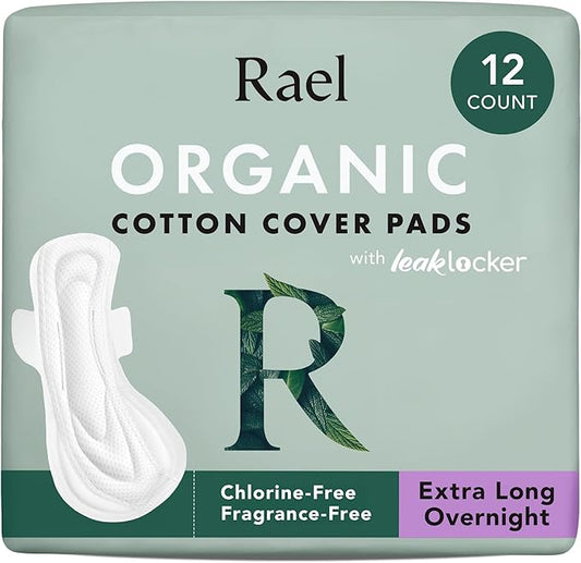 Rael Pads for Women, Organic Cotton Cover - Period Pads with Wings, Feminine Care, Sanitary Napkins, Ultimate Absorbency, Unscented, Ultra Thin (Extra Long Overnight, 12 Count)