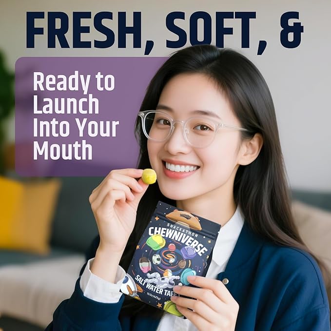 Snackathon Salt Water Taffy Assorted Mix – Chewniverse Edition, 10 Flavor Variety, Individually Wrapped Soft & Chewy Gourmet Candy, Unique 7 oz Themed Bag for Gifting