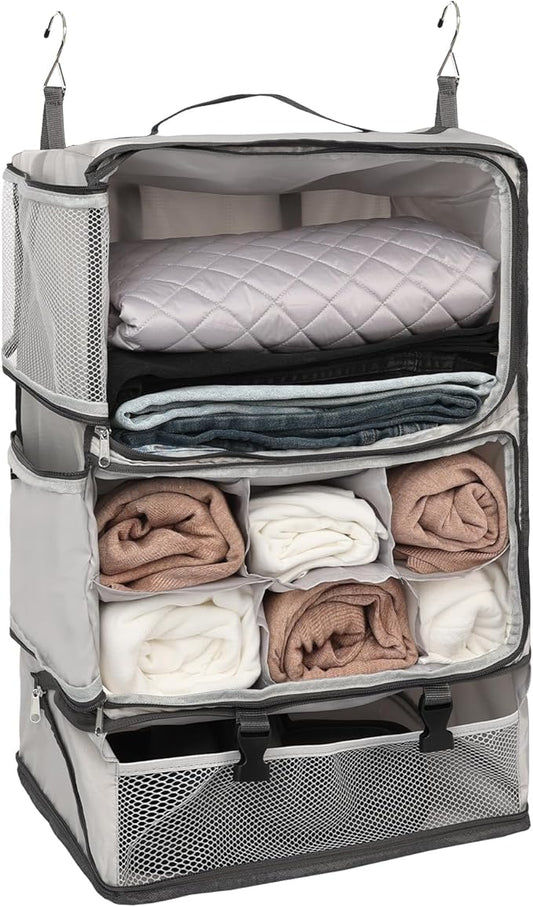 TABITORA Travel Portable Hanging Shelves Closet Organizer Packing Luggage Storage with Multifunctional and Foldable Invisible Compartment,Lightweight, for Suitcase, RV,Closet…lightgrey,XXL