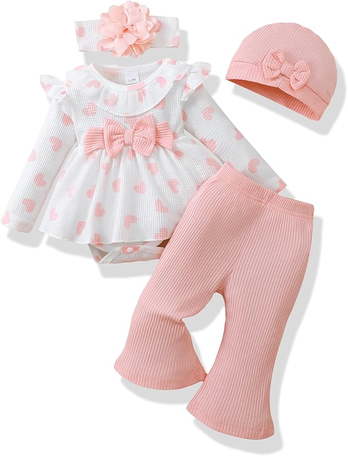 Renotemy Preemie Newborn Baby Girl Clothes Infant Romper Fall Winter Outfits Gifts for Girls Cute Bell Bottoms Pant Sets