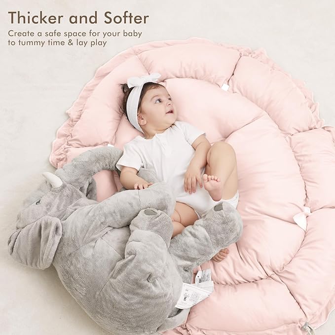 ANGELBLISS 5 in 1 Baby Play Gym Mat, Reversible Tummy Time Mat with 5 Sensory Toys for Stage-Based Developmental, Thick & Large Baby Activity Center from Newborn to Toddler (Pink)