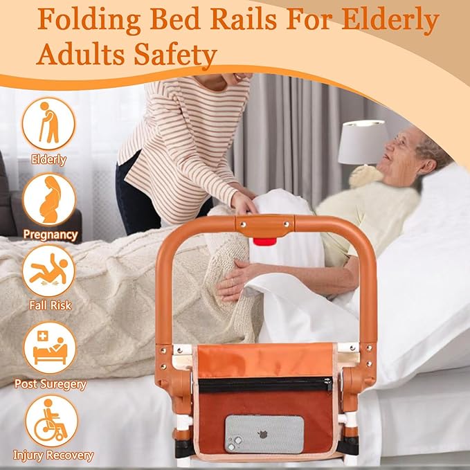 Folding Bed Rails for Elderly Adults Safety, Adjustable Height Bed Assist Rails for Seniors, Foldable Bed Side Rails with Non-Slip Handle and Storage Pouch, Fits King Queen Full Twin Beds