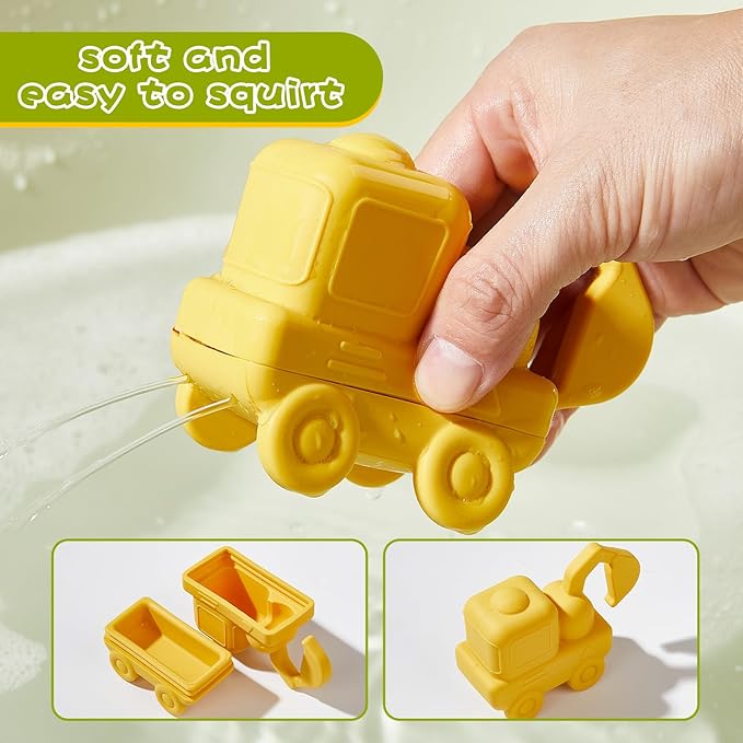 Mold-Free Baby Bath Toys, 4 Pack Silicone Bath Toys - Truck & Construction Toys | Soft, Squeezable & Float on Water | Easy-Grip Bath Toy Toddler 2-4 | Bathtub Water Pool Sand Toys for Baby Gifts