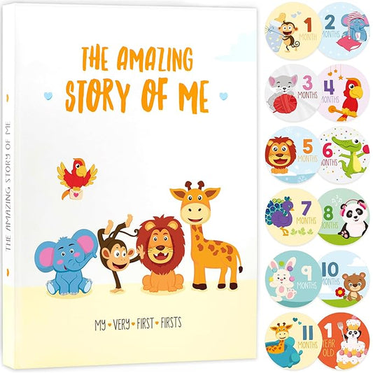 Baby Memory Book for Boy or Girl | First 5 Years Keepsake Journal Baby Book to Record Milestones and Photos | Gender Neutral Scrapbook for Newborn Babies with 12 Monthly Stickers