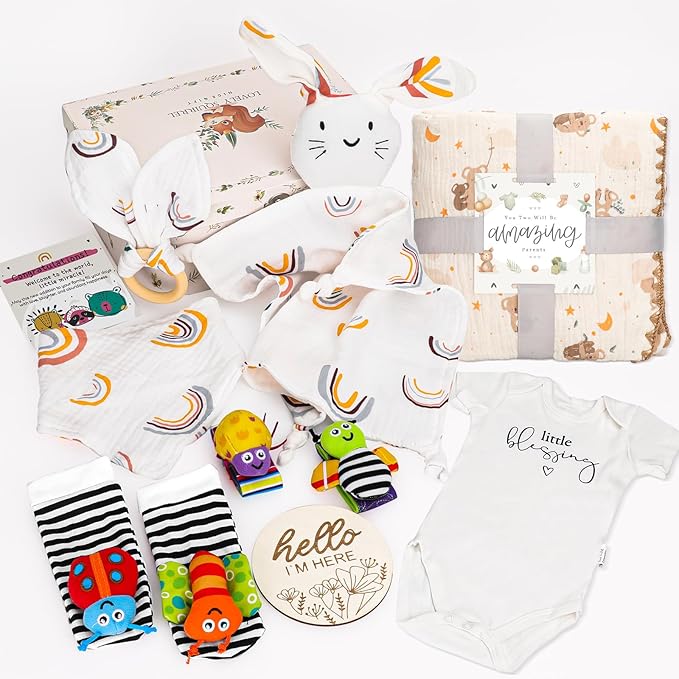 Baby Gift Set,Baby Shower Gifts,New Mom Gifts for Women, 0-6 Months for Newborn Essentials Infant Rattle Socks,Blanket Onesies Baby Gift Basket for Girls Boys