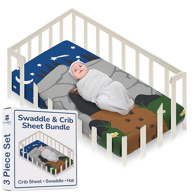 Cuddle Club Newborn Swaddle Gift Set – Includes Swaddle Blanket, Hat & Crib Sheet in Fun Styles – For Baby Boys & Girls