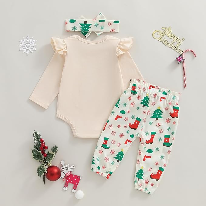 Fernvia Western Newborn Baby Girl Clothes Long Sleeve Letter Print Romper Animal Print Pants Headband 3Pcs Outfits Sets