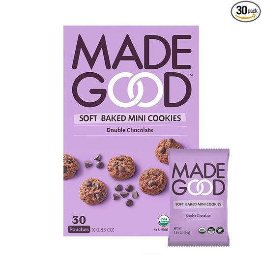 MadeGood Double Chocolate Soft Baked Mini Cookies (30 Count - 0.85 Oz Each) Allergy Friendly, Gluten Free and Organic Delicious Chocolate Snacks