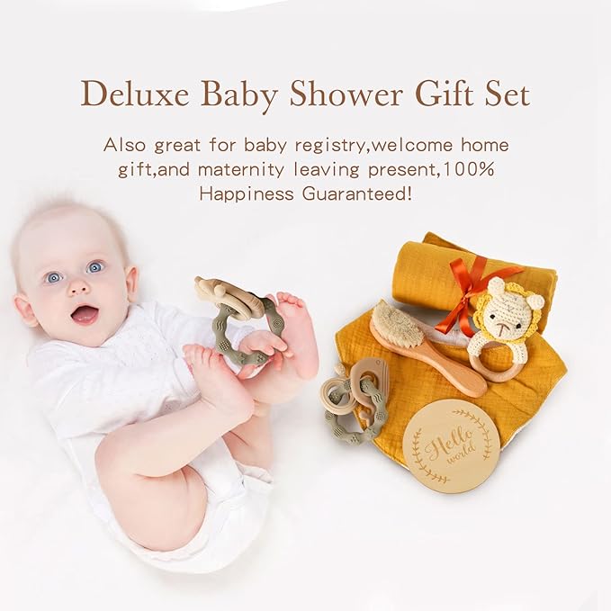 YOUUYS Baby Gift Set for Newborn - Baby Essential Bath Basket Gift Set with Baby Blanket Baby Rattle Teether Toy & Hair Brush Newborn Shower Gift for Baby Girls Boys 6PCS (Lion)