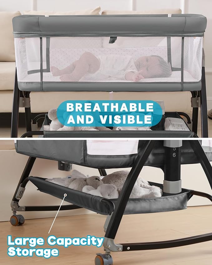 Baby Bassinet, Bassinet Bedside Sleeper with Wheels, Breathable Mesh Bedside Bassinet for Baby, Mosquito Net, Storage Basket, 6 Height Adjustable, Easy to Fold, Grey