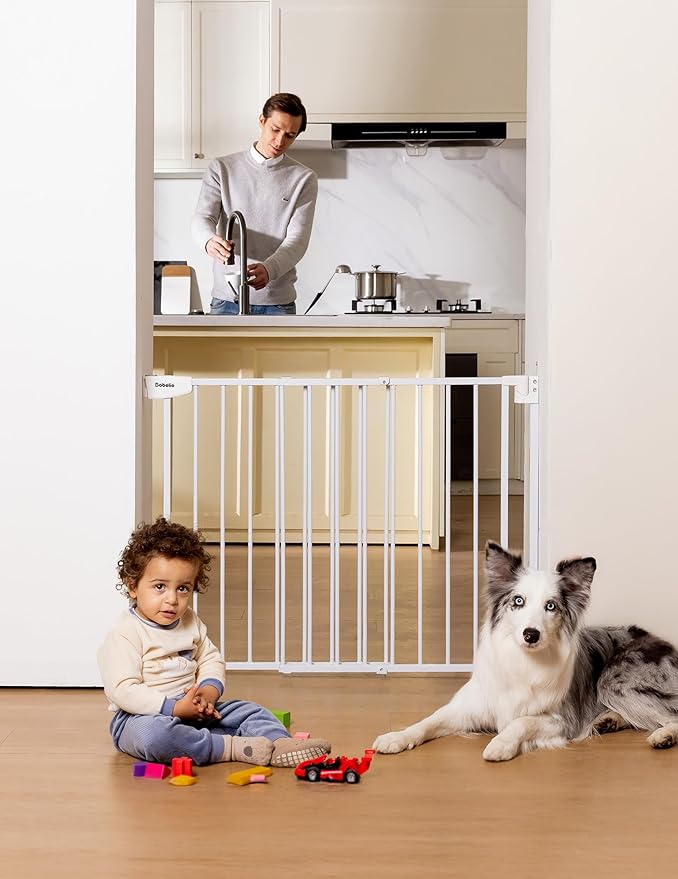 Babelio 29.7-46.5" No Bottom Bar Baby/Dog Gate for Stairs, House and Doorways, Auto Close Safety Pet Gates with Large Walk Thru Door, Hardware Mount, White