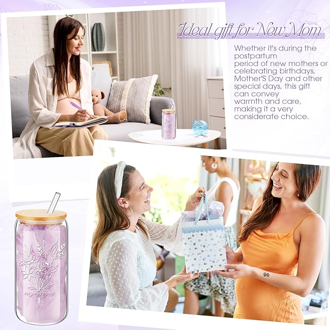 LemonRoad 6 Pcs New Mom Gifts, Pregnancy Gift for Expecting Mom, Baby Shower Favor for New Mommy After Birth, Aesthetic Flower Tumbler Notebook Pen Sock Dried Flower Greeting Card for Mommy(Purple)