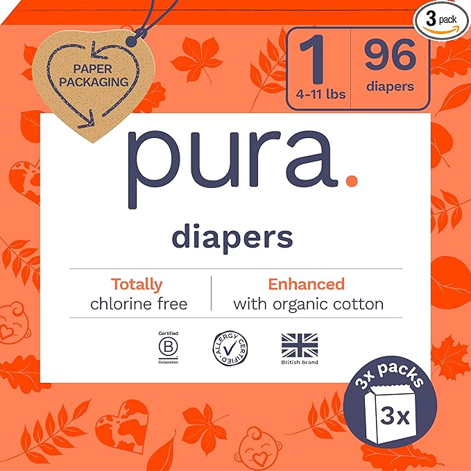 Pura Hypoallergenic Diapers, Size 1 (4-11lbs), Newborn, Totally Chlorine Free, Wetness Indicator, Suitable for Sensitive Skin, Soft Organic Cotton Comfort, Overnight, 3 Packs of 32 (96 Baby Diapers)