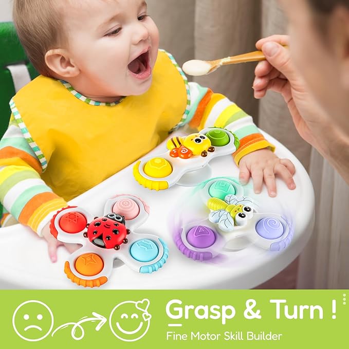 ALASOU 3PCS Pop Suction Cup Spinner Toys for 1 Year Old Boy Girl|Novelty Spinning Tops Toddler Toys Age 1-2|Sensory Baby Bath Toy for Toddlers 1-3|12 18 Months Boy Birthday Gift for Infant