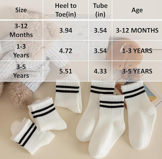 Toddler Grip Socks with Non-Slip, Unisex Baby Retro Stripe Seamless Crew Ankle Cotton Socks for Girls Boys 6 Pairs