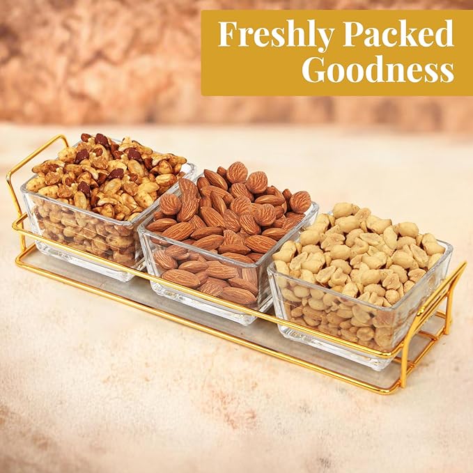 Nuts gift Basket Luxurious and Elegant 3 Sectional Premium Reusable Glass Tray, Fathers Day Gift Basket.