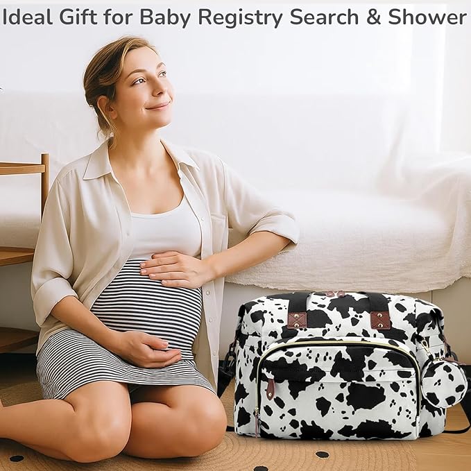 Diaper Bag Tote, Baby Bag Travel Diaper Tote Bag with Pacifier Case, Cute Maternity Hospital Baby Stylish Diaper Tote for Mom Dad Cow Print