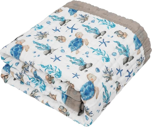 Organic Cotton Muslin Baby Blanket for Boys & Girls - Luxurious Soft Toddler Quilt for Swaddling - Gender Neutral Blankets - Great Sea Turtle
